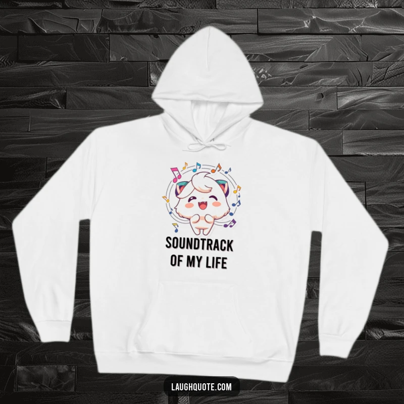 Funny music hoodie showcasing a cheerful character with musical notes swirling energetically around its head, cozy and fun.