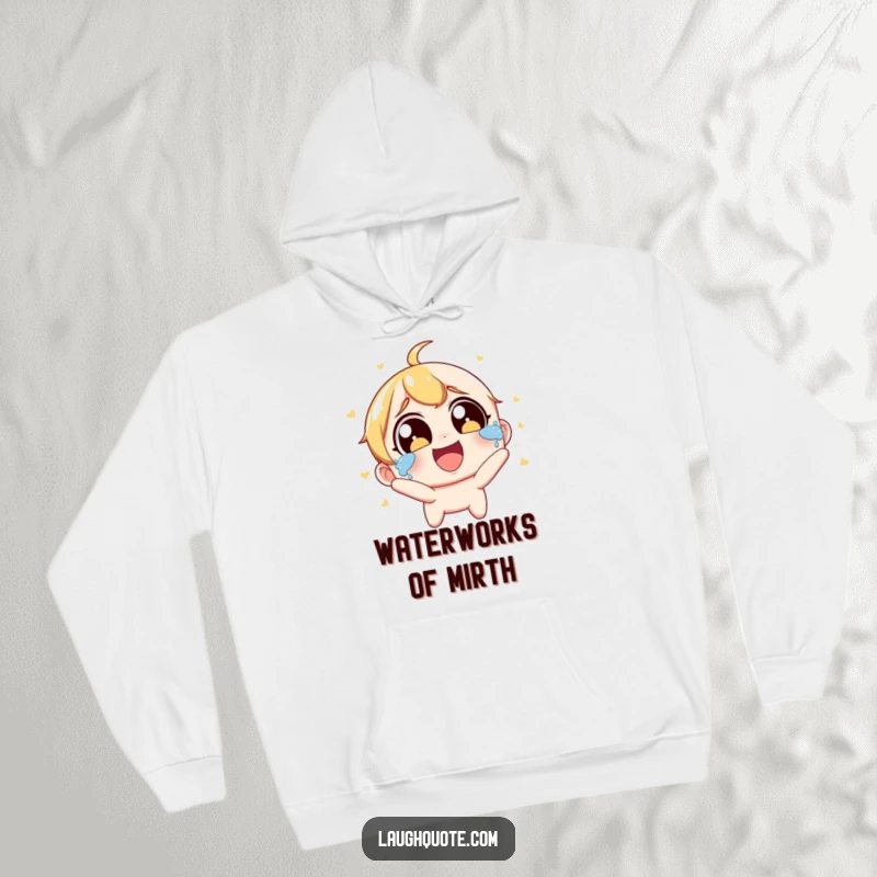 Funny Hoodie: A character with wide eyes is bursting into joyous laughter, tears streaming from its eyes.