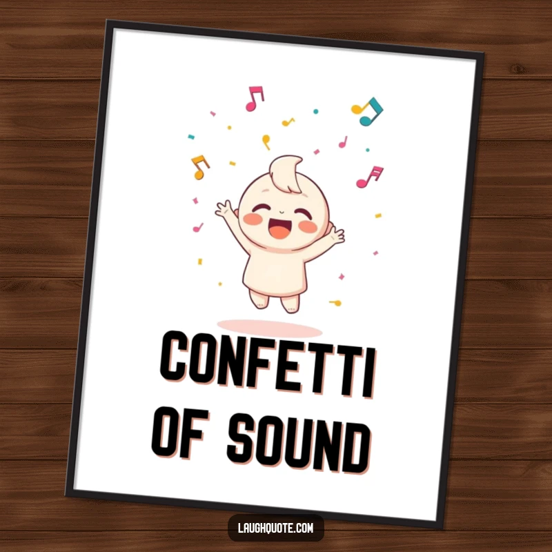 Funny Free Printable Wall Art: Happy character joyfully throwing confetti made of musical notes, creating a vibrant scene.