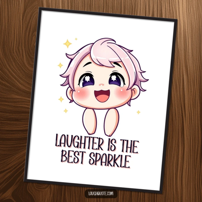 Free Printable wall art: A character with incredibly sparkling eyes, caught mid-contagious laugh, spreading pure, unadulterated joy and humor.