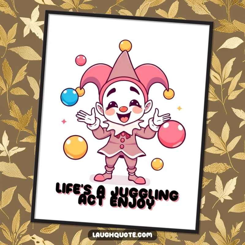 Funny Free Printable Wall Art: A whimsical jester character juggles colorful balls that seem to emit musical notes.