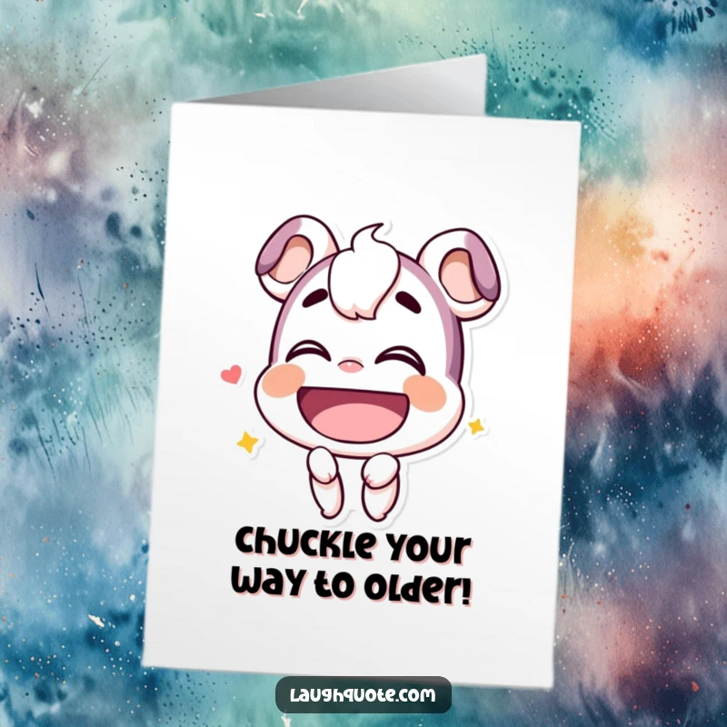 Funny Free Printable Birthday Card: Smiling character tilting head back, letting out a deep, hearty chuckle.