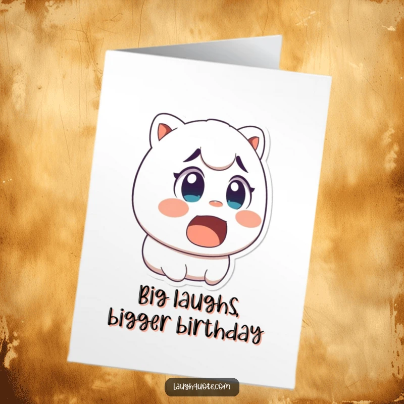 Funny Free Printable Birthday Card: Character with wide eyes and open mouth, caught mid-laugh in surprise.