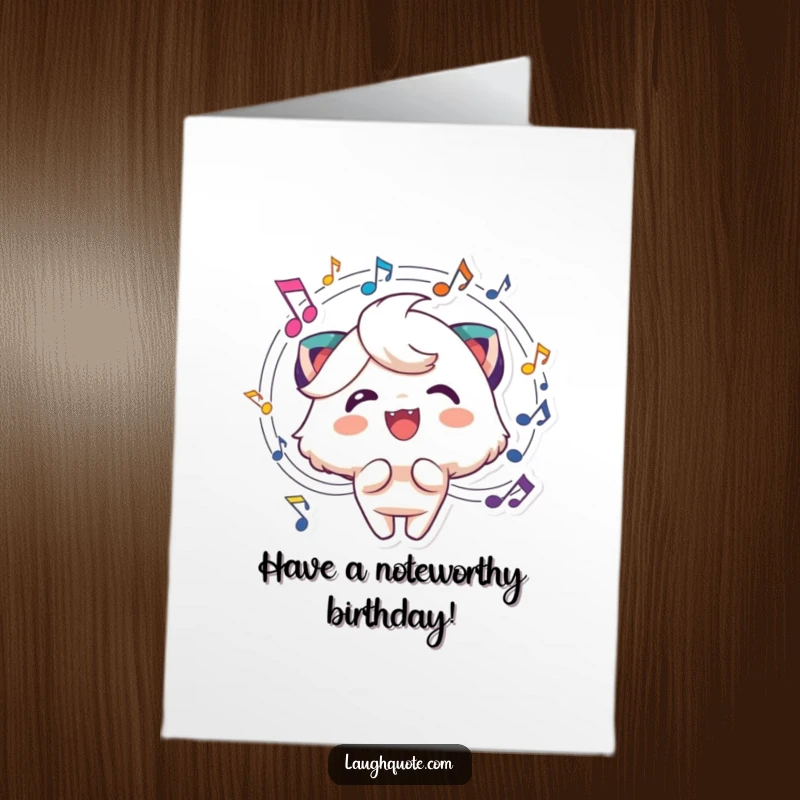 Funny Free Printable Musical Birthday Card: Cheerful character with music notes swirling, celebrating a happy birthday.