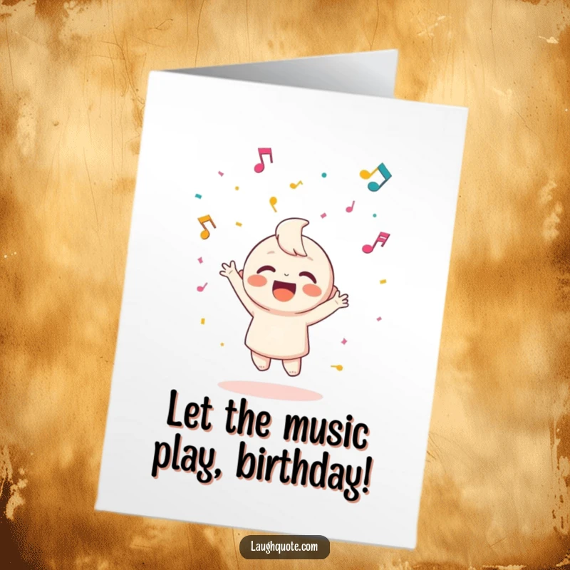 Funny Free Printable Musical Birthday Card: Happy character throwing confetti made of musical notes, celebrating a birthday.
