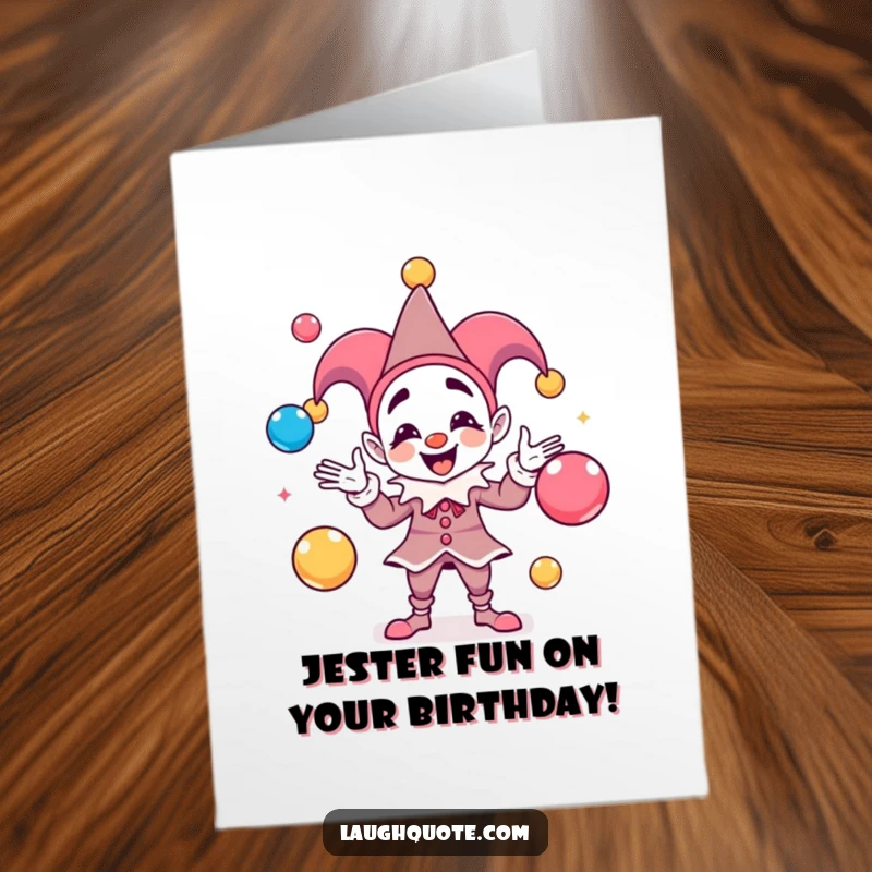 Funny Free Printable Birthday Card: A playful jester juggles vibrant balls representing musical notes and sound.