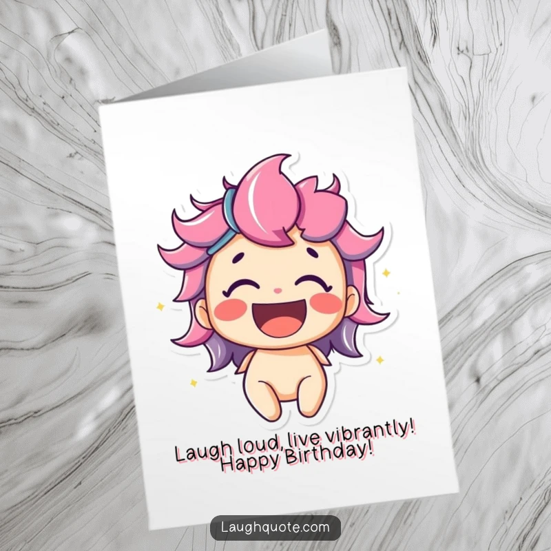 Funny Free Printable Birthday Card: Character uncontrollably laughing with vibrant, colorful joy, spreading cheer for a special occasion.
