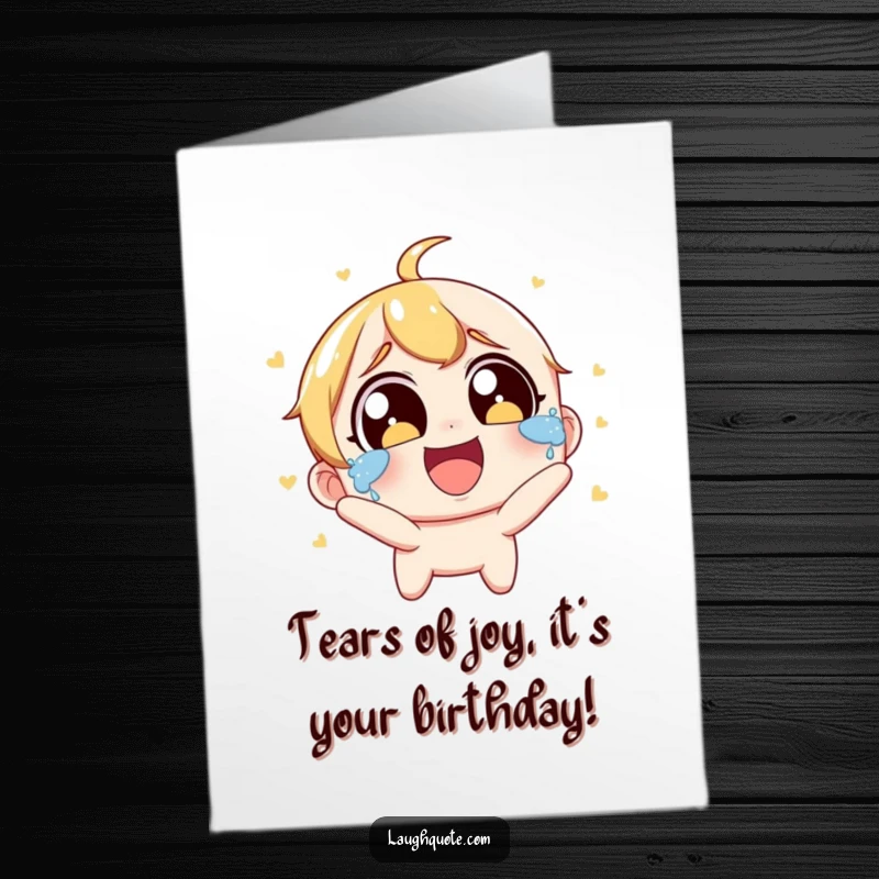 Funny Free Printable Birthday Card: Character with wide eyes, laughing so hard tears stream down their face.