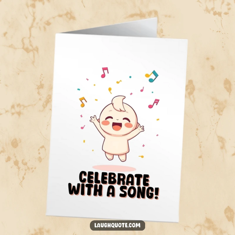 Funny Free Printable Musical Congratulations Card: Happy character throwing confetti shaped like musical notes, cheering success.