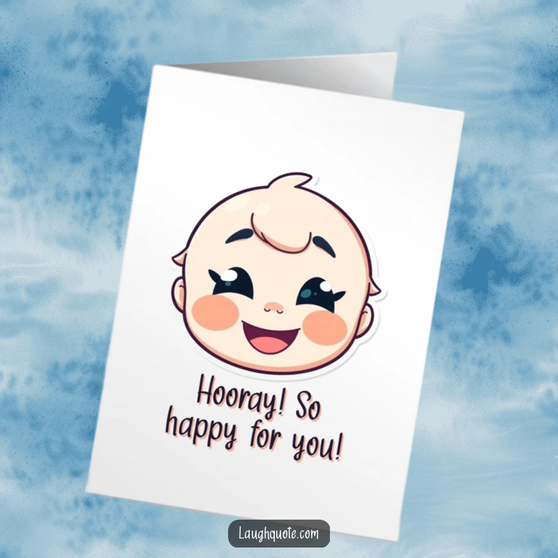 Free printable congratulations card featuring a cheerful character with crinkled eyes releasing a happy, infectious giggle.