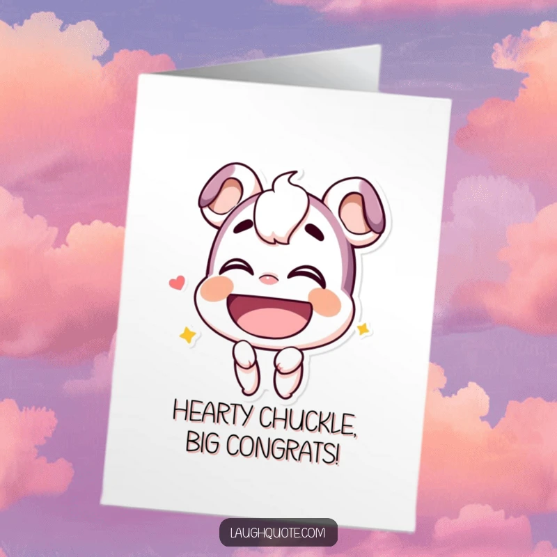 Funny Free Printable Congratulations Card: Smiling character tilting head back, releasing a booming, hearty chuckle.