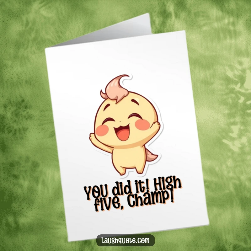 Free printable congratulations card showing a character with its head back, roaring with laughter and a huge smile.