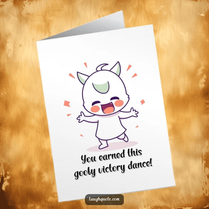 Free Printable congratulations card: A cheerful character performing an over-the-top silly dance, celebrating a big win with clumsy glee.