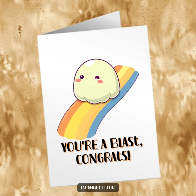 Funny free printable congratulations card featuring a sentient slime blob sliding with pure joy down a vibrant rainbow.