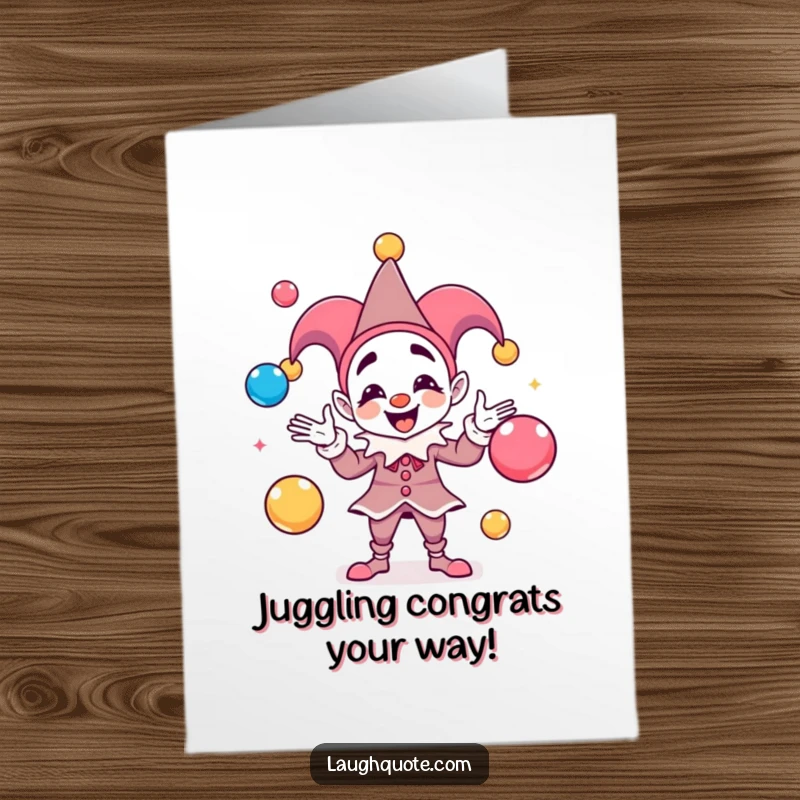 Funny Free Printable Congratulations Card: A jester gleefully juggles colorful spheres, each emitting a joyful sound.