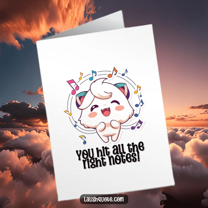Funny Free Printable Musical Congrats Card: Cheerful character surrounded by swirling music notes, celebrating a big win.
