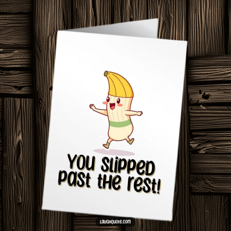 Funny Free Printable Congratulations Card: A banana peel plots mischief against a sock caught mid-dance.
