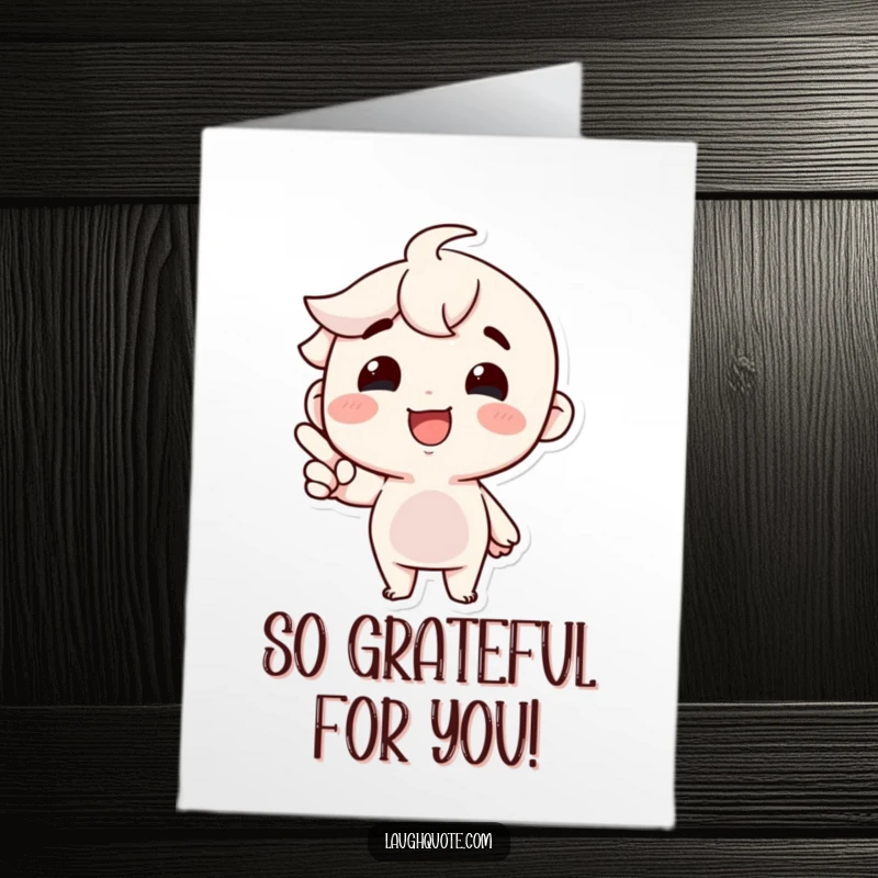 Funny Free Printable Thank You Card showing a joyful character with a bright smile pointing at something amusing, expressing thanks.