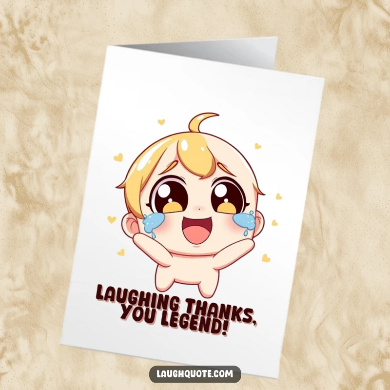 Funny Free Printable Thank You Card: Character laughing uncontrollably, tears streaming, conveying extreme appreciation.