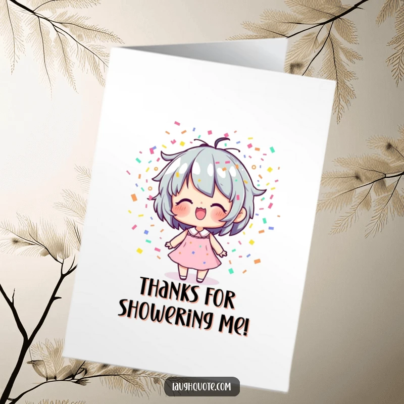 Funny Free Printable thank you card: A character exhaling a dazzling cloud of colorful confetti to express heartfelt and joyful gratitude.