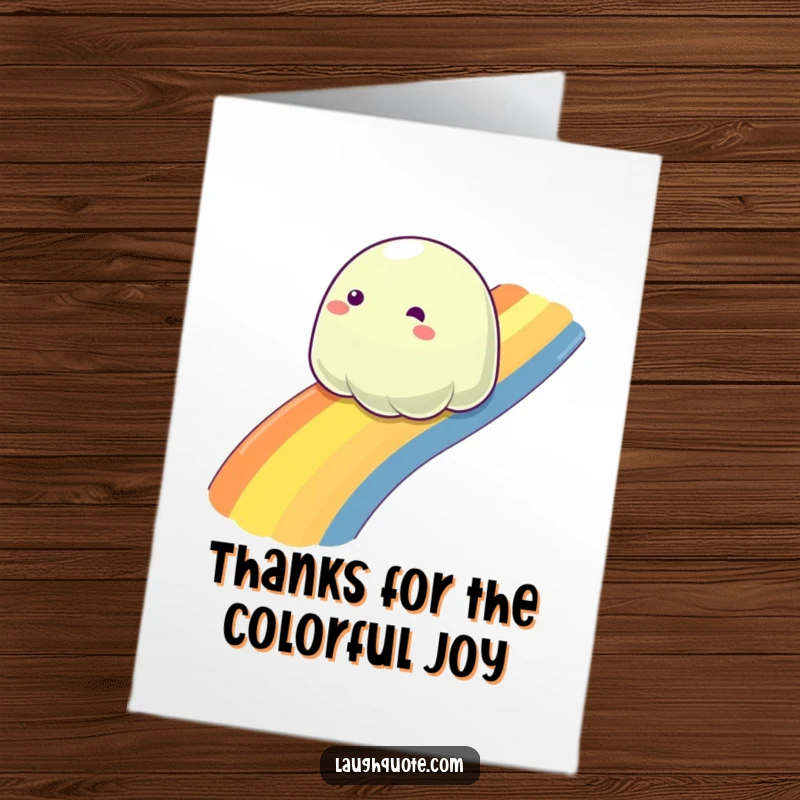 Funny free printable thank you card with a joyful slime blob sliding down a rainbow, conveying happy thanks.