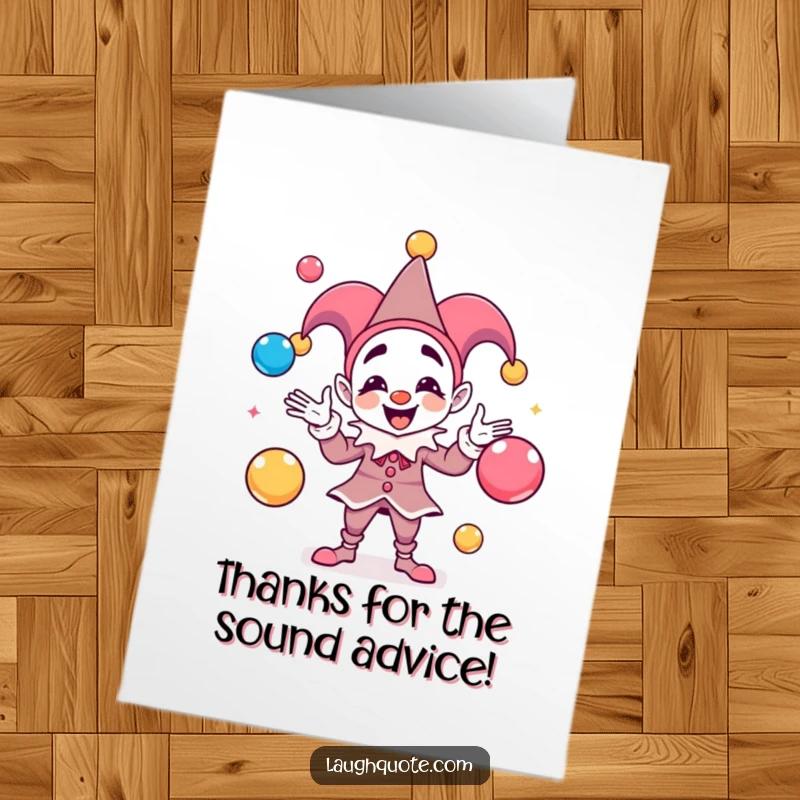 Funny Free Printable Thank You Card: A jester playfully juggles colorful orbs that represent sounds and music.