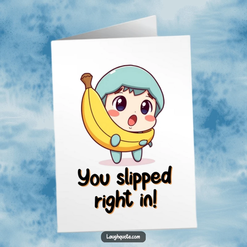 Funny free printable thank you card: character discovers a banana peel, a look of comedic surprise emerges.