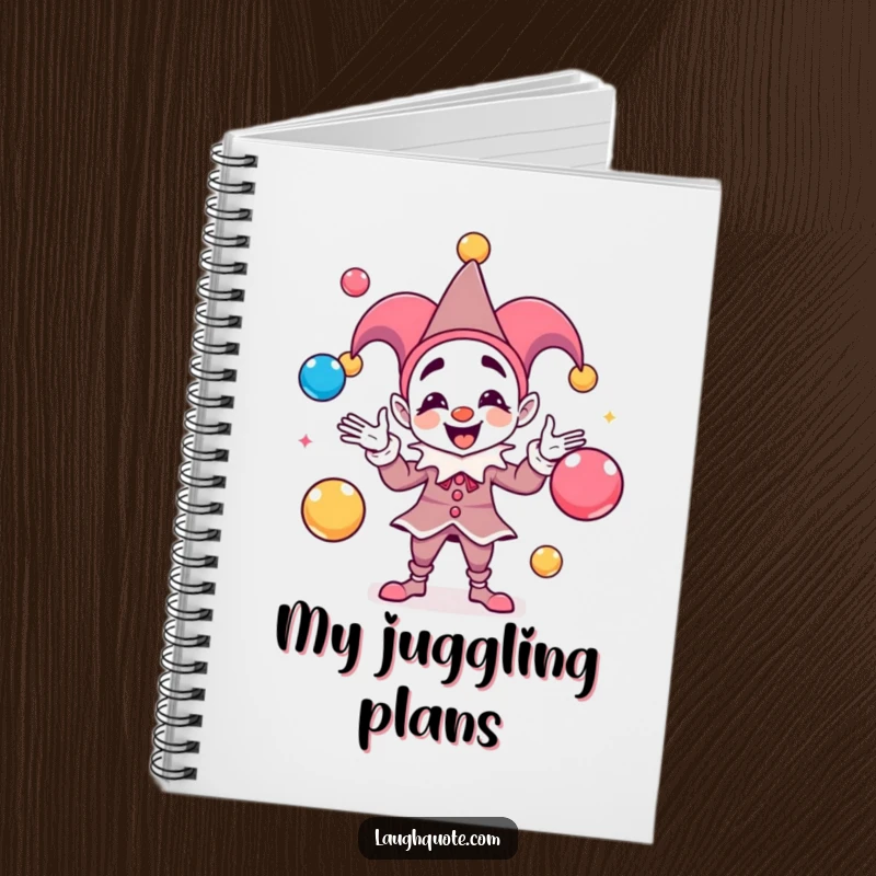Funny Notebook cover featuring a playful jester juggling sound balls, ideal for writing down creative ideas.