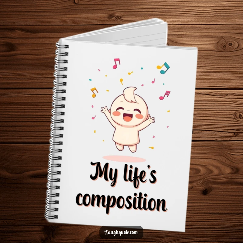 Funny notebook cover featuring a happy character throwing confetti made of musical notes, ideal for creative notes.