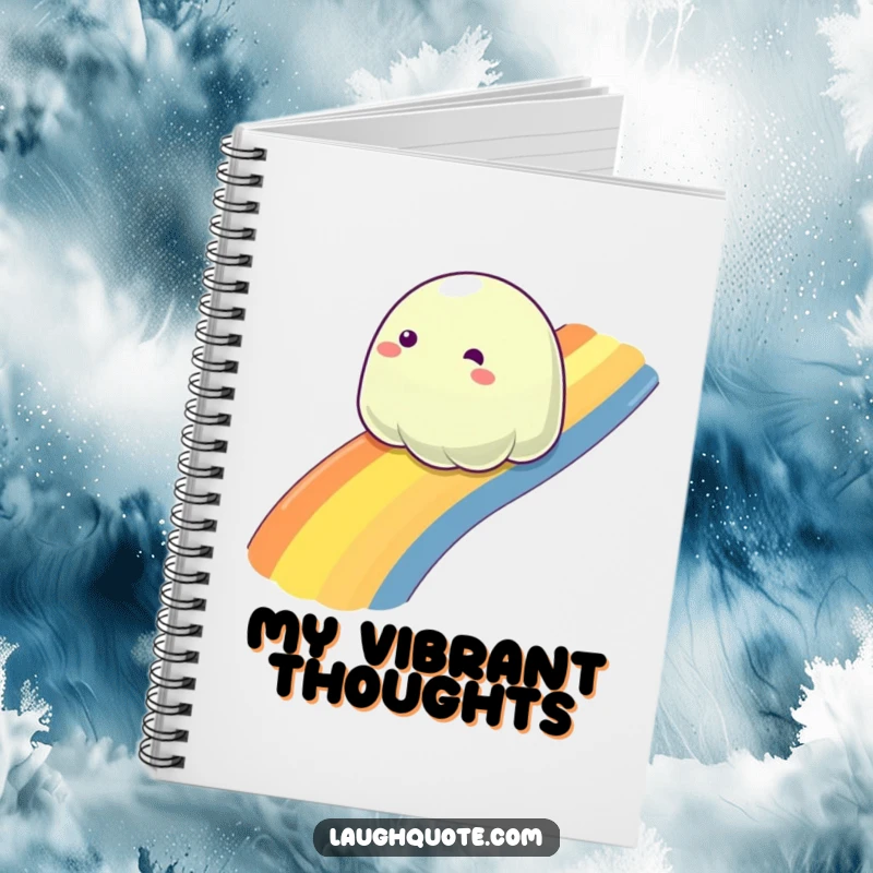 Funny slime blob sliding down a rainbow, a humorous notebook for capturing creative and joyful thoughts.