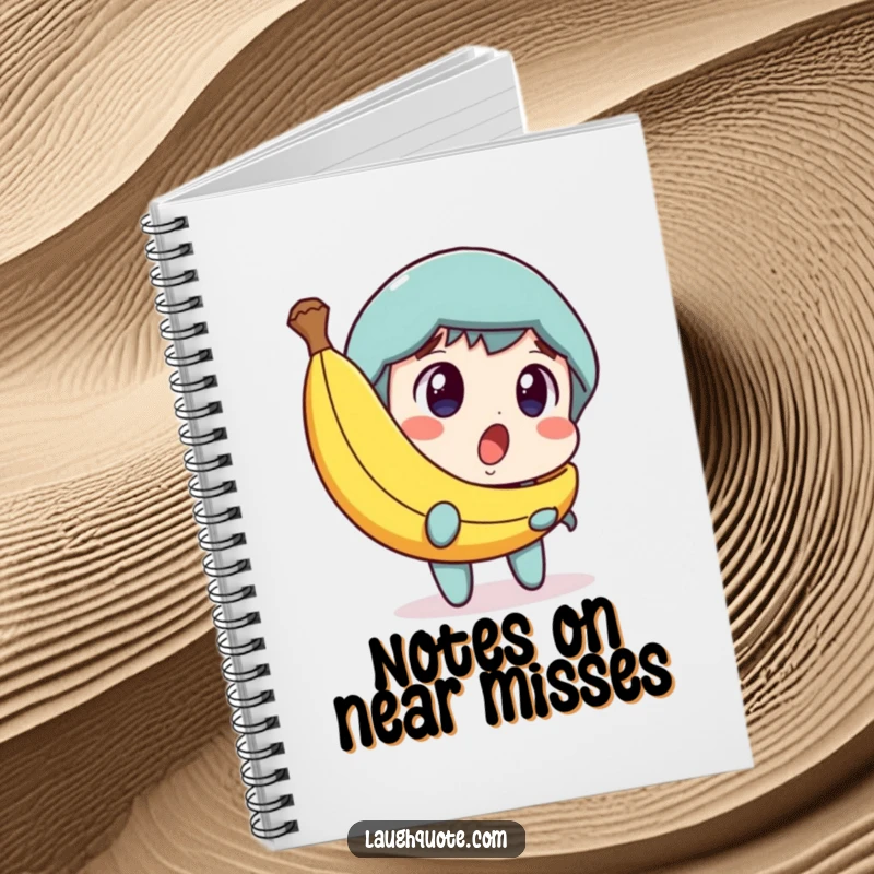 Funny notebook featuring a character looking surprised at a banana peel, with a dawning expression of amusement, ideal for journaling.