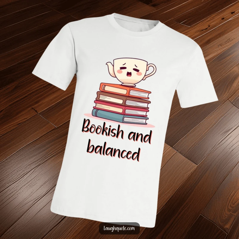 Funny teacup wobbling precariously on a stack of books, a humorous and artistic t-shirt design.