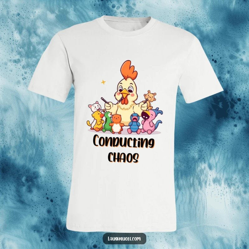Funny rubber chicken leading squeaky toys in an orchestra, a humorous and energetic t-shirt design.