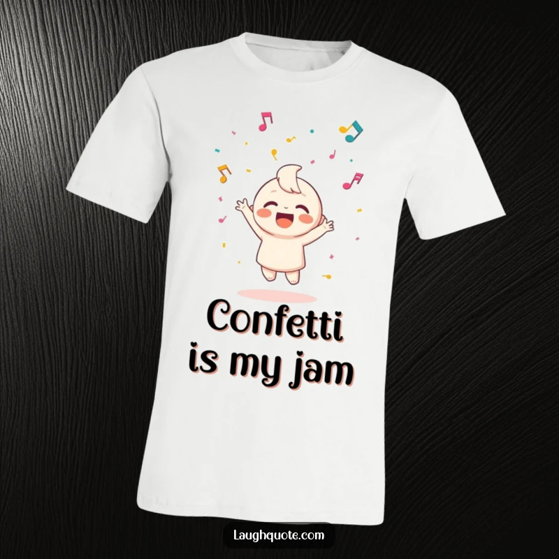 Funny t-shirt featuring a happy character enthusiastically throwing confetti made entirely of musical notes in celebration.