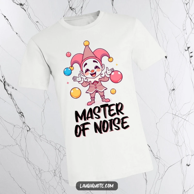 Funny T-Shirt depicting a playful jester juggling colorful sound balls, symbolizing energy and vibrant rhythm.