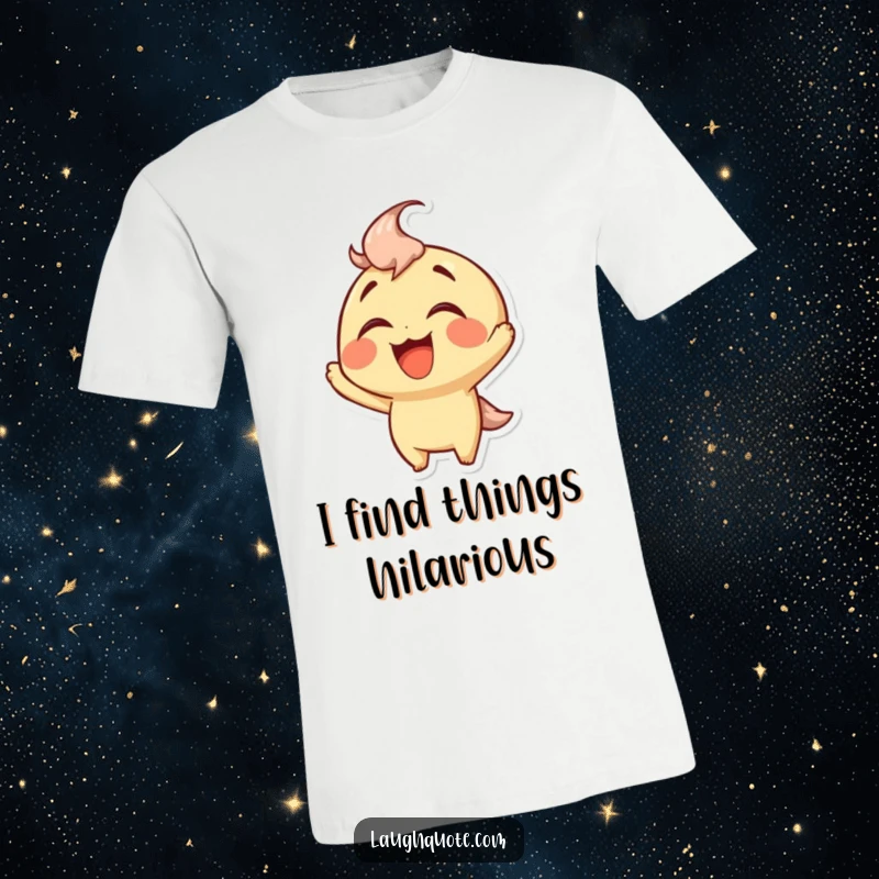 Funny T-Shirt of a joyful character with a wide grin, head thrown back in hearty laughter, expressing pure amusement.