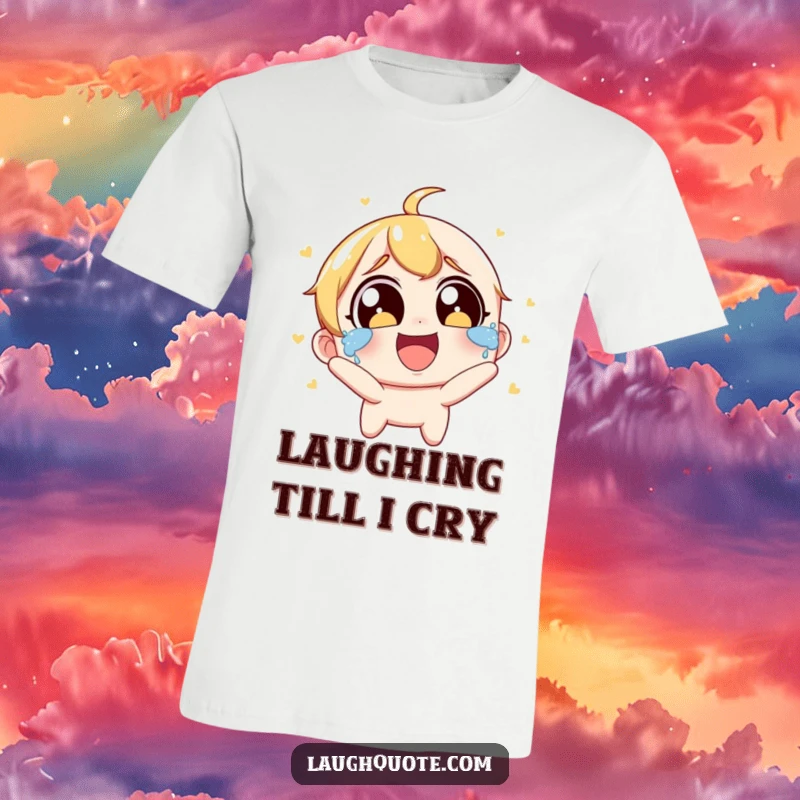 Funny T-Shirt: A character with wide eyes is in a state of joyous laughter, with tears streaming down its face.