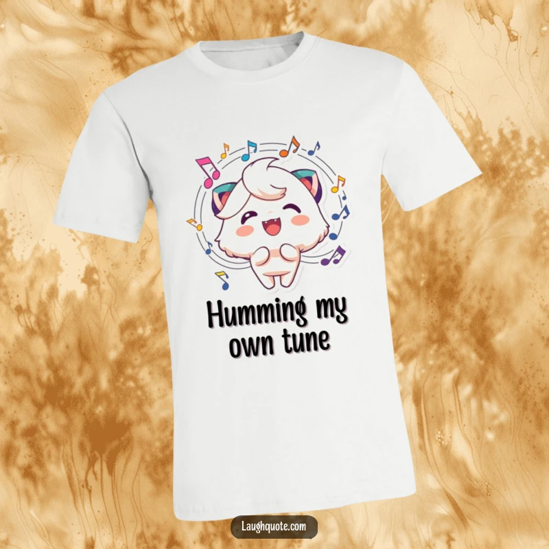 Funny music t-shirt featuring a character beaming with joy, surrounded by a whirlwind of musical notes.