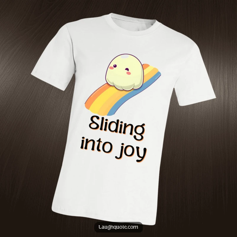 Funny slime blob sliding down a vibrant rainbow, a cheerful and humorous t-shirt design.