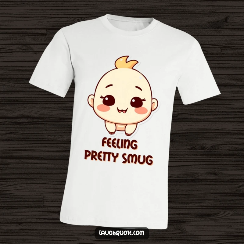 Funny t-shirt depicting a character with a blissful, satisfied expression and a gentle, chuckling smile.