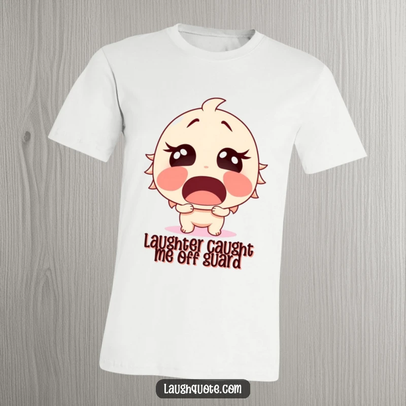Funny T-Shirt of a character, mouth wide open in surprise, erupting into sudden, uncontrollable laughter, a comedic shockwave.
