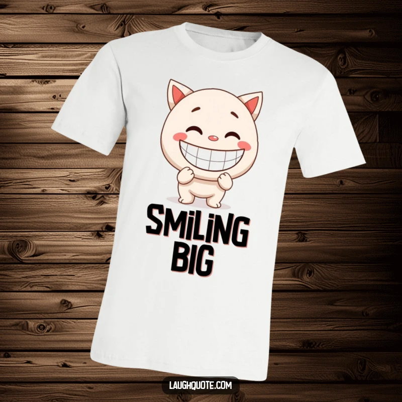 Funny T-Shirt: Character features a massive, exaggerated smile, embodying extreme happiness and positivity.