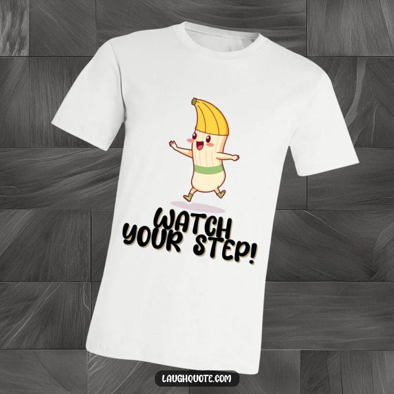 Funny t-shirt featuring a mischievous banana peel attempting to trip a joyous sock mid-dance, capturing a moment of comedic chaos.