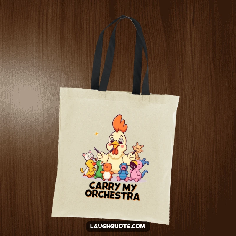 Funny rubber chicken maestro conducting squeaky toys, a durable and humorous tote bag for everyday use.