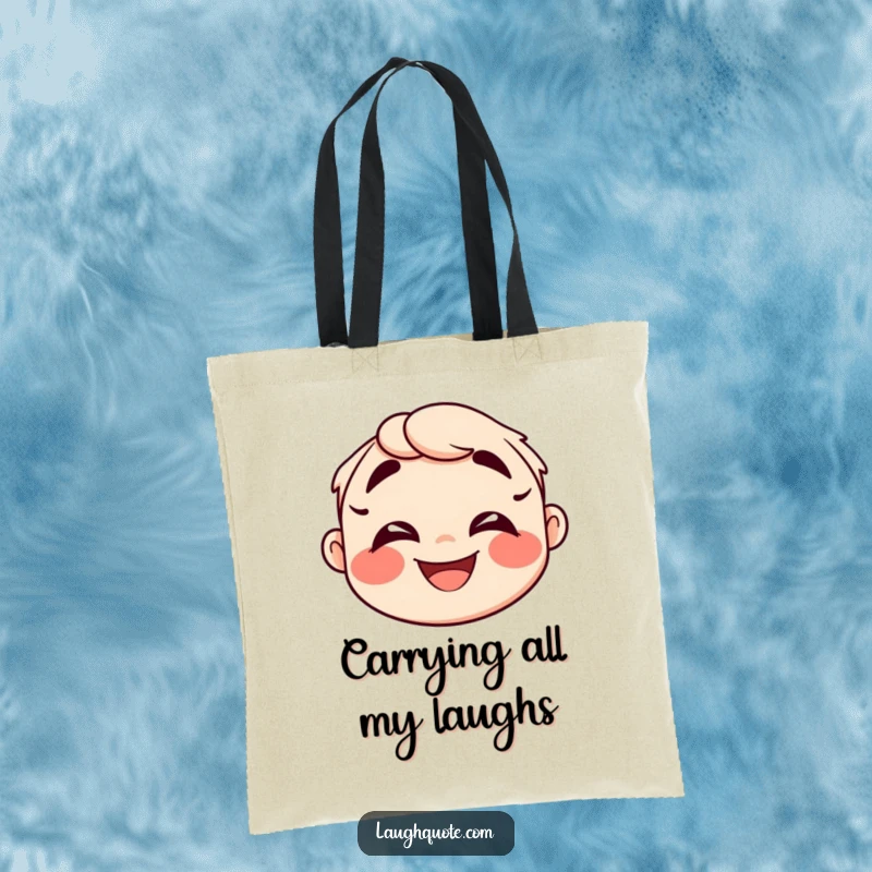 Funny Tote Bag with an exaggerated happy face and laughter lines, symbolizing infectious fun and cheer.