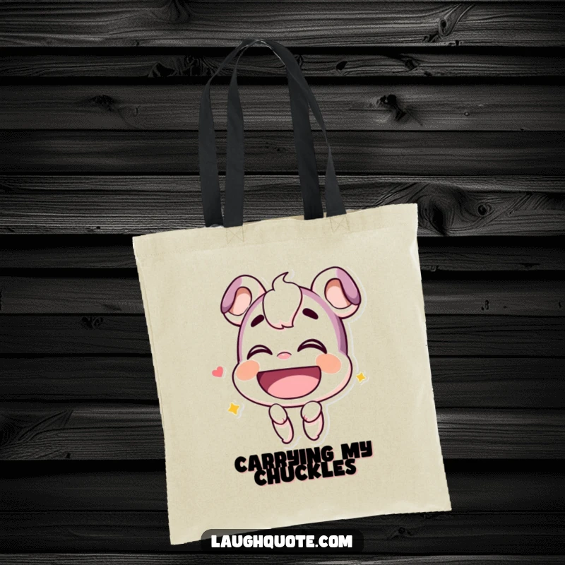 Funny Tote Bag: A smiling character, head tilted back, lets out a deep, hearty chuckle.