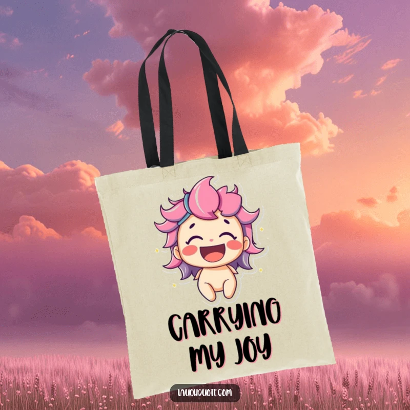 Funny tote bag with a delighted character bursting with vibrant, colorful laughter, a stylish and practical way to carry essentials with joy, great gift.