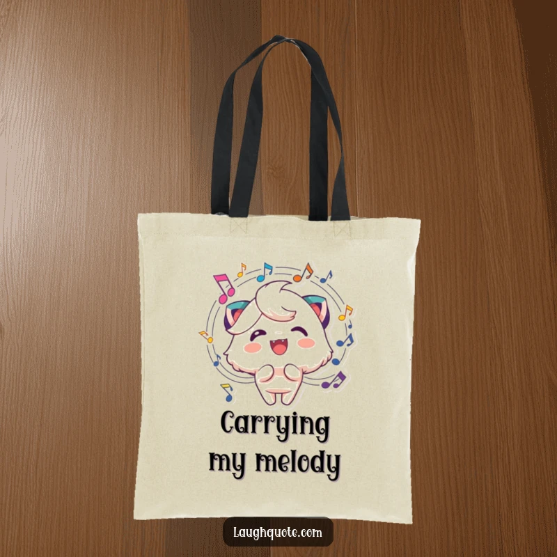 Funny music tote bag featuring a cheerful character with a happy expression and swirling music notes, a stylish accessory.