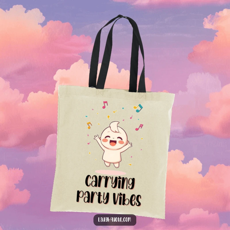Funny tote bag featuring a happy character throwing a shower of confetti shaped like musical notes.