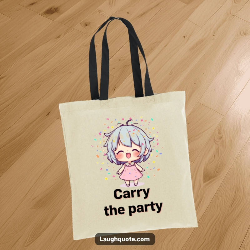 Funny Tote Bag: Character joyfully exhaling colorful confetti, making it a cheerful accessory for carrying essentials.